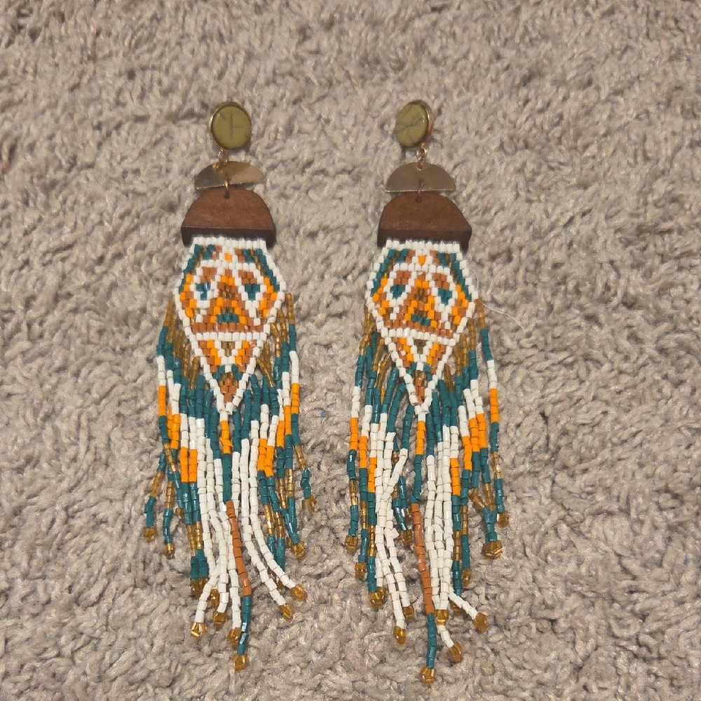 Boho Beaded Fringe Drop Earrings in Teal, White & Orange